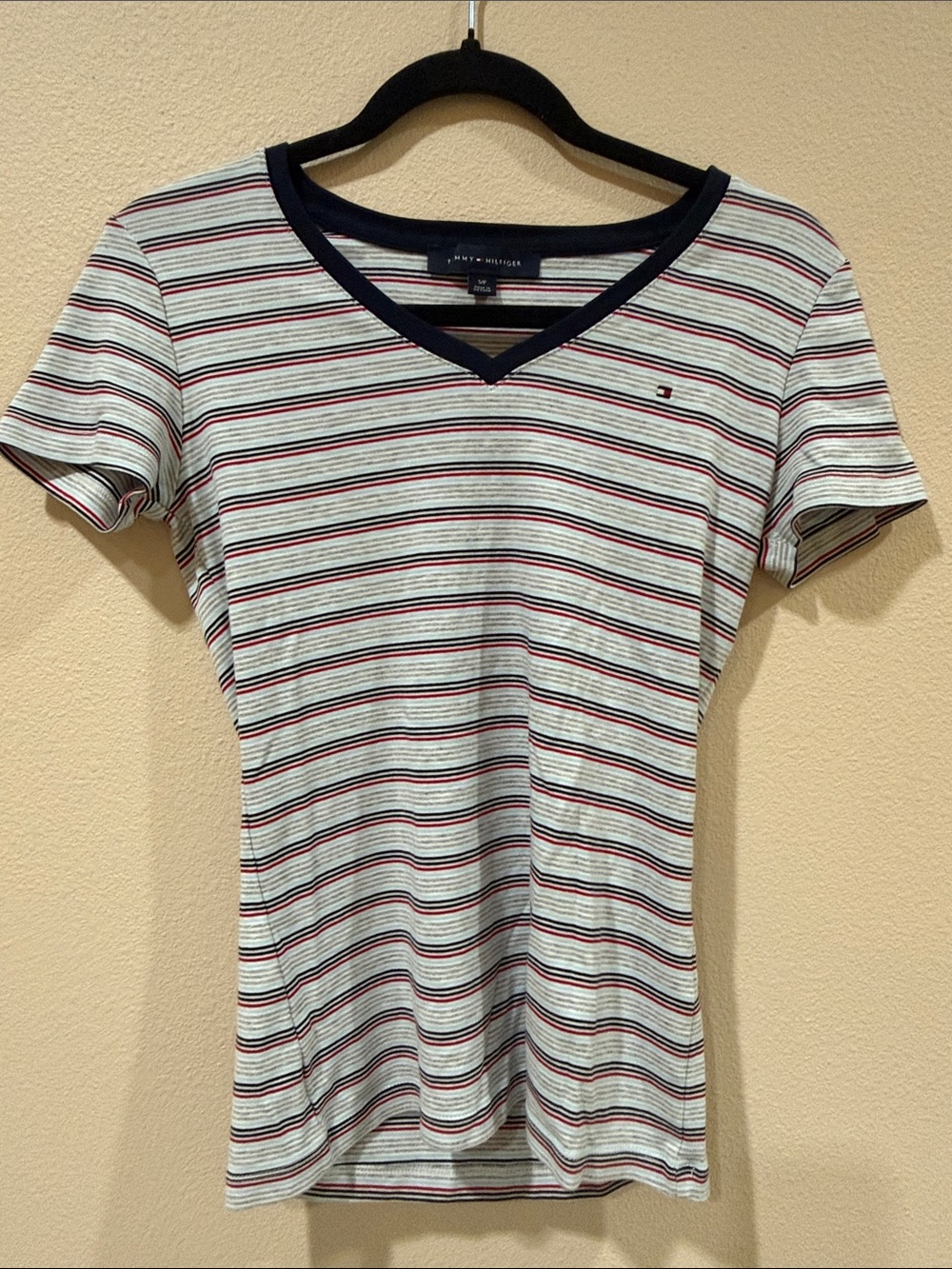 Tommy Hilfiger White Striped V-Neck Tee with Navy & Red Accents